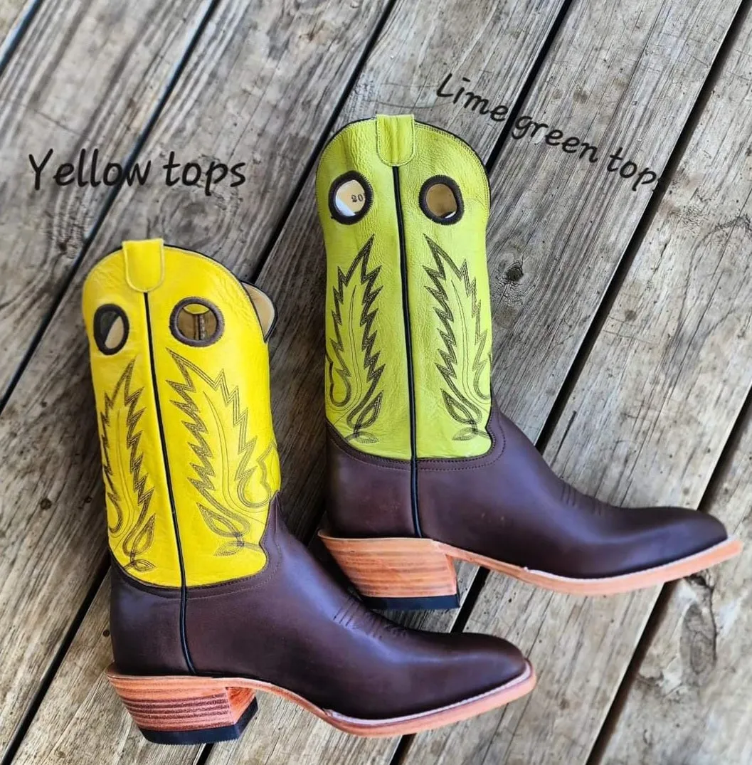 Picosa Creek Boots - Chocolate Mule W/ Yellow or Lime Green Cowhide- The Roughstock