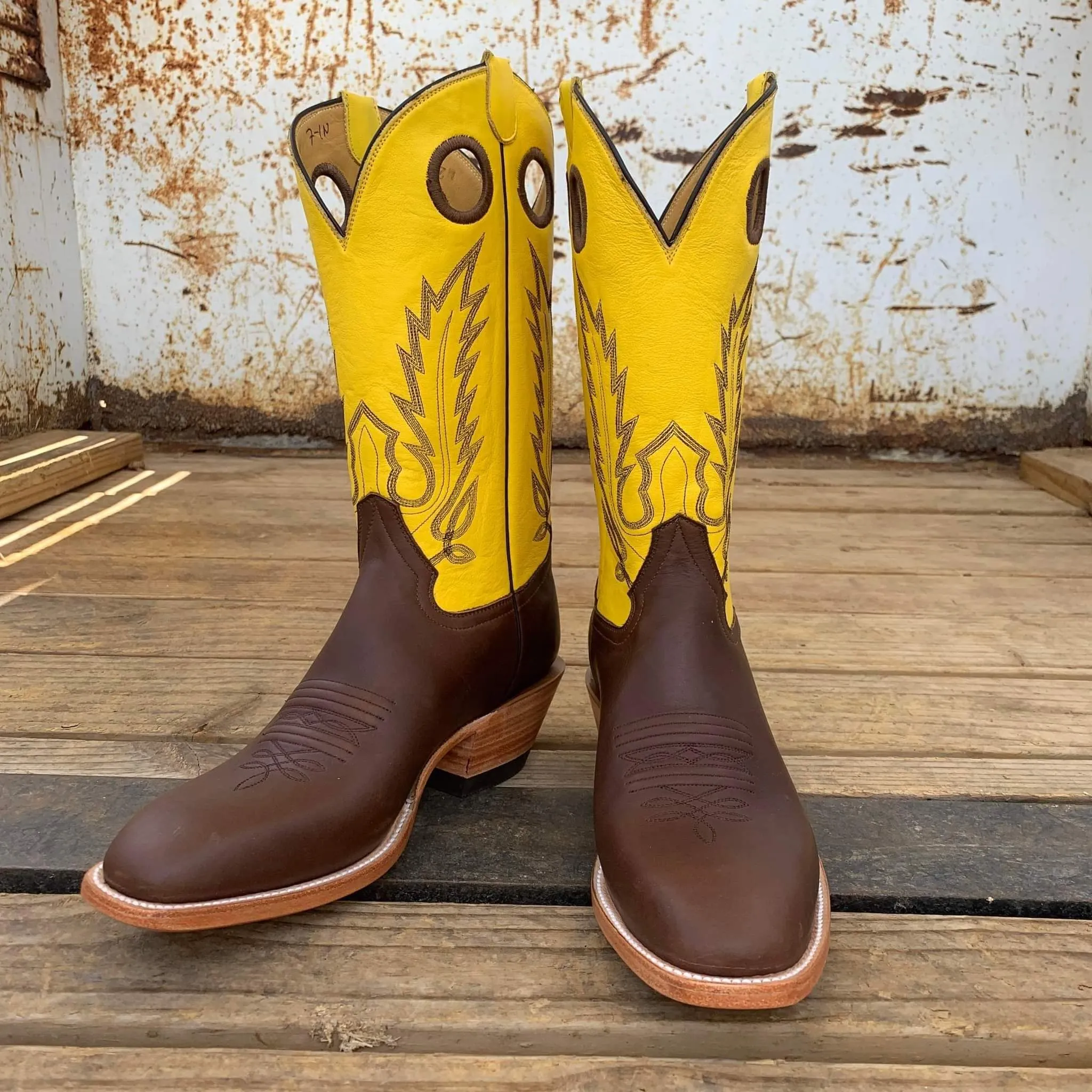 Picosa Creek Boots - Chocolate Mule W/ Yellow or Lime Green Cowhide- The Roughstock