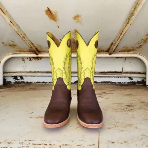 Picosa Creek Boots - Chocolate Mule W/ Yellow or Lime Green Cowhide- The Roughstock