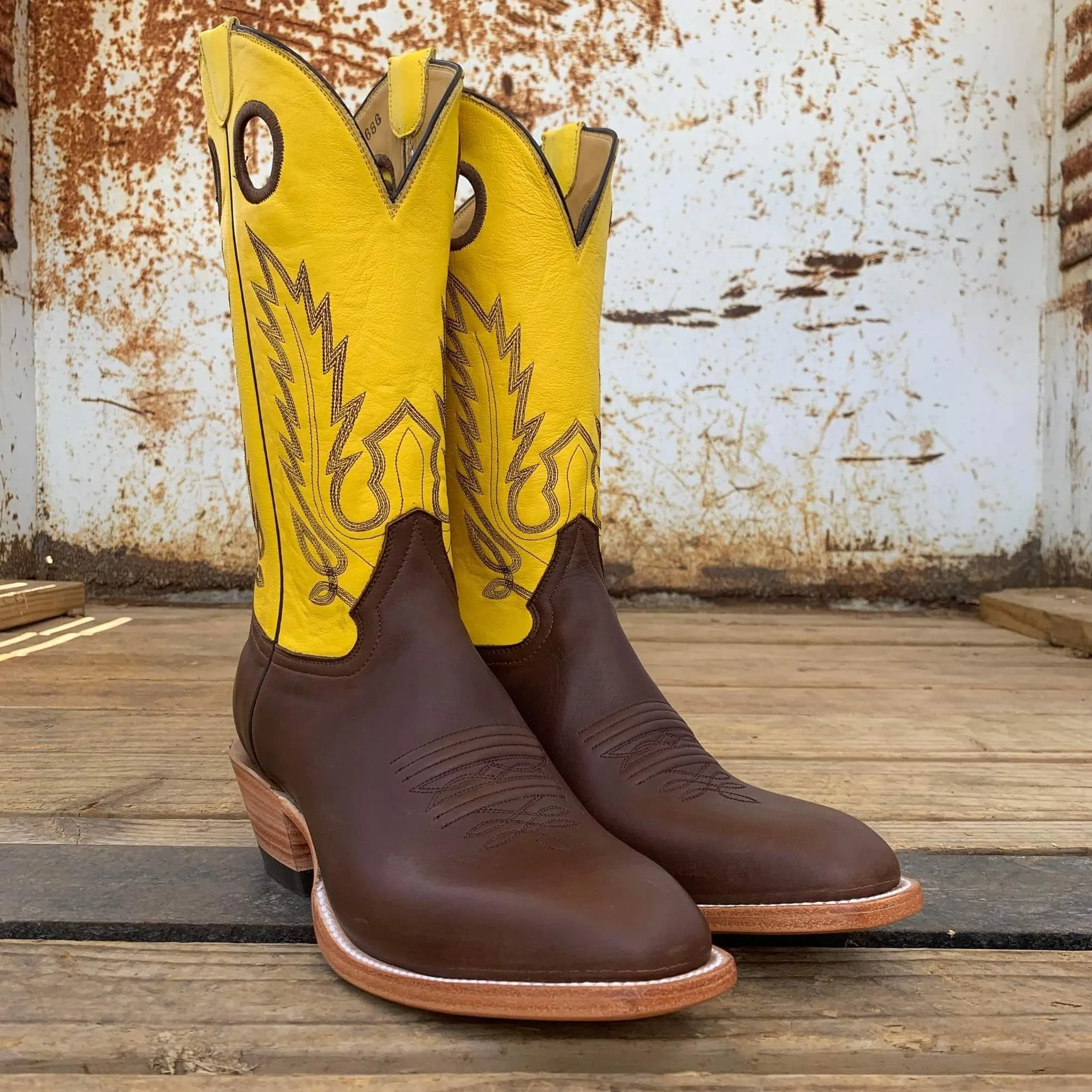 Picosa Creek Boots - Chocolate Mule W/ Yellow or Lime Green Cowhide- The Roughstock