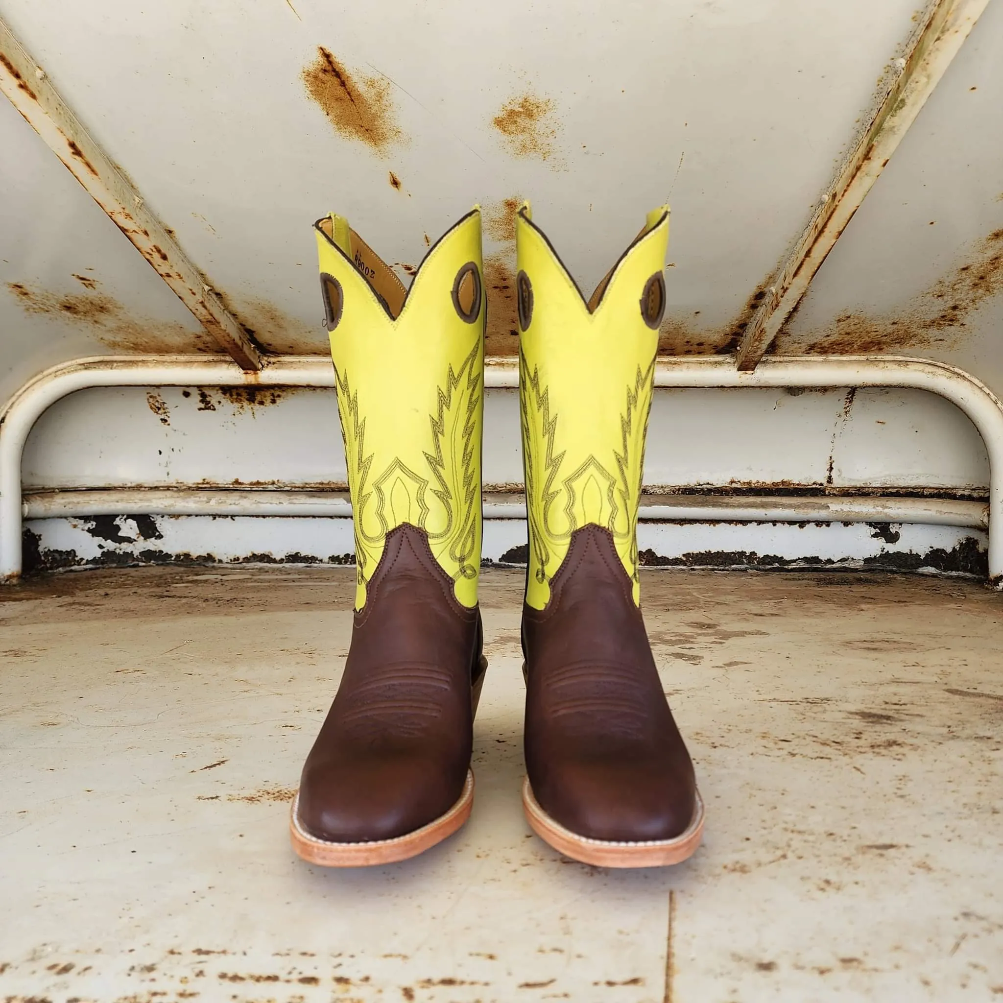 Picosa Creek Boots - Chocolate Mule W/ Yellow or Lime Green Cowhide- The Roughstock