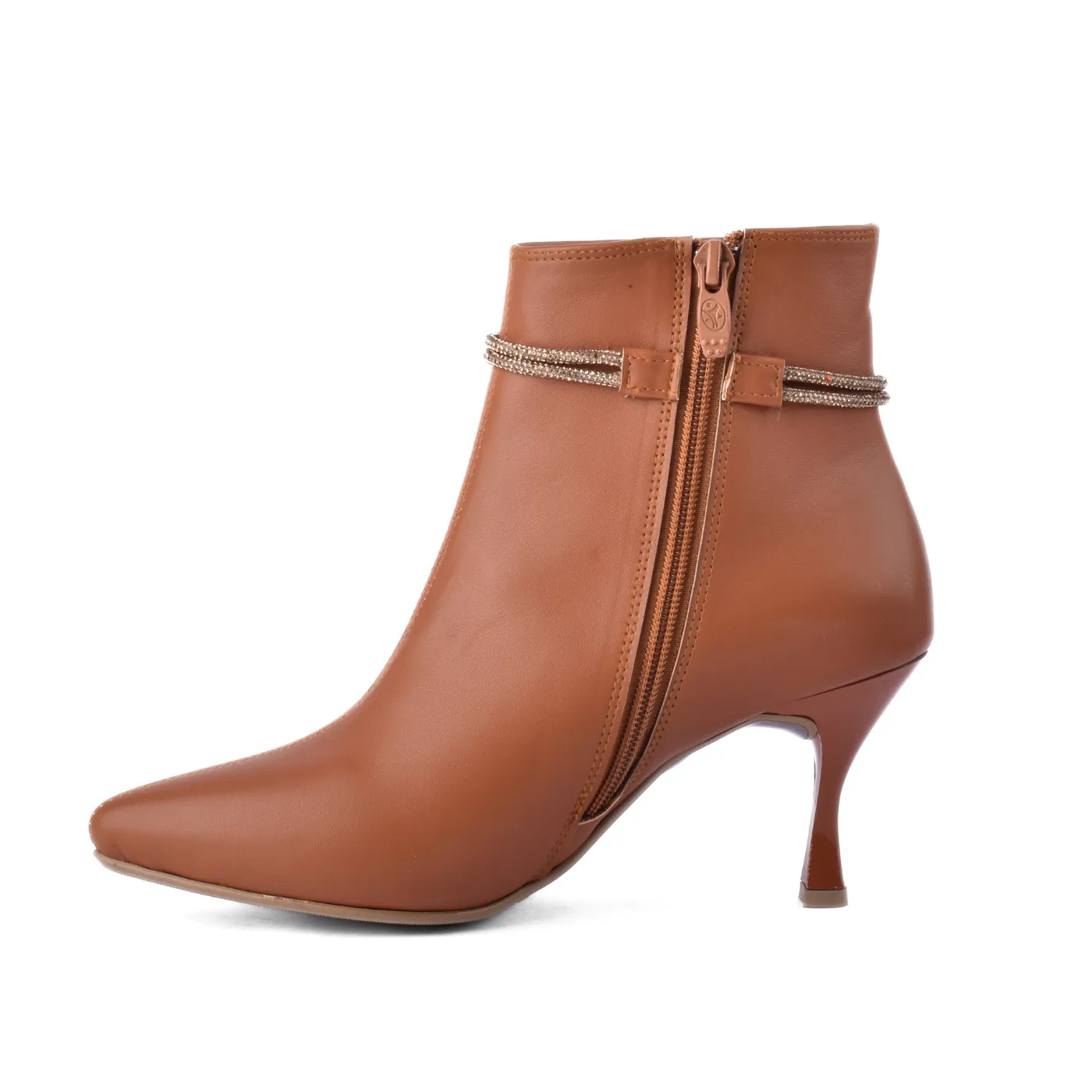 Pointed Heel Leather Ankle Boots With Details