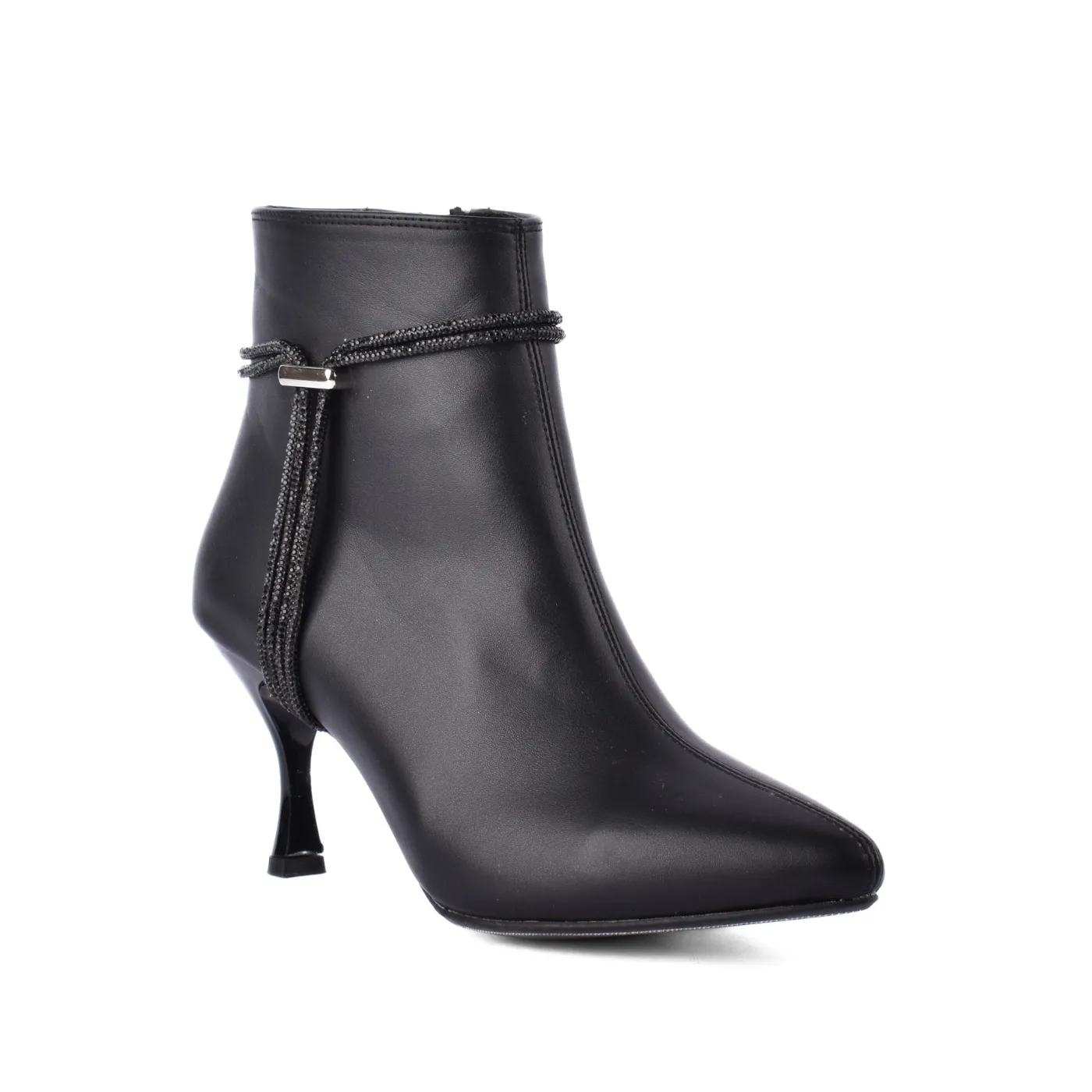 Pointed Heel Leather Ankle Boots With Details