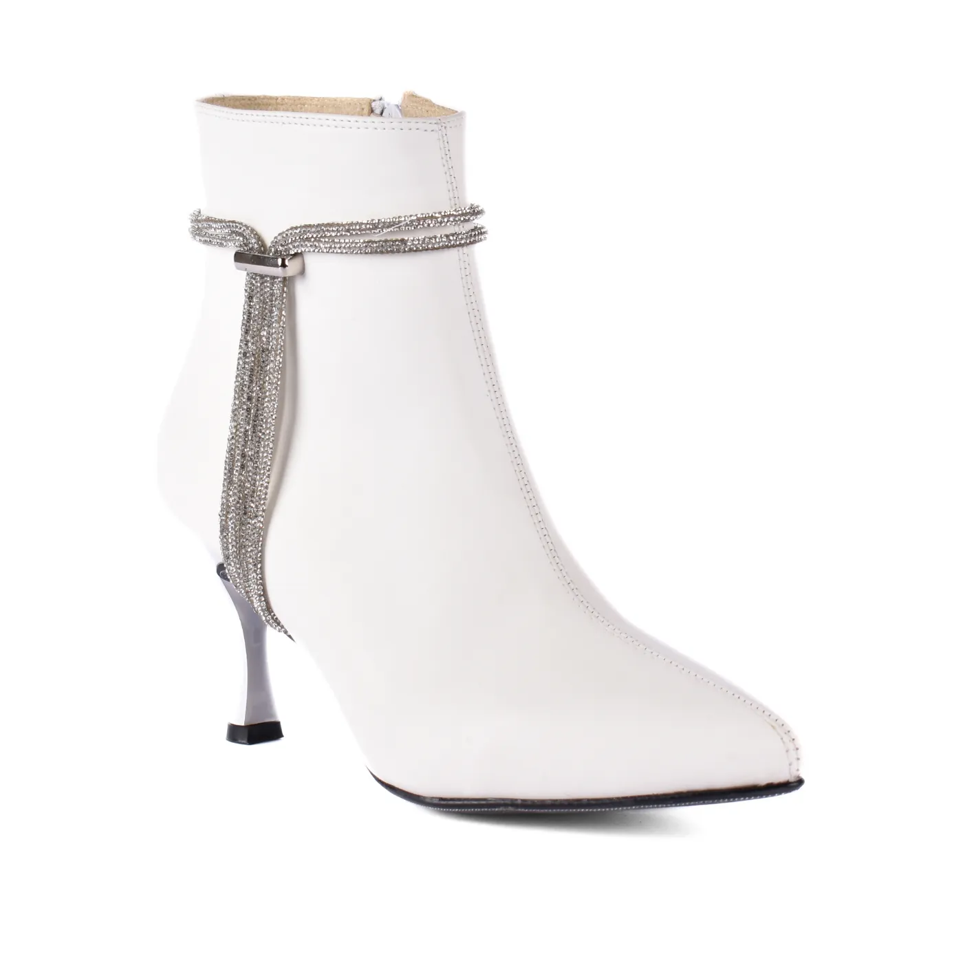 Pointed Heel Leather Ankle Boots With Details