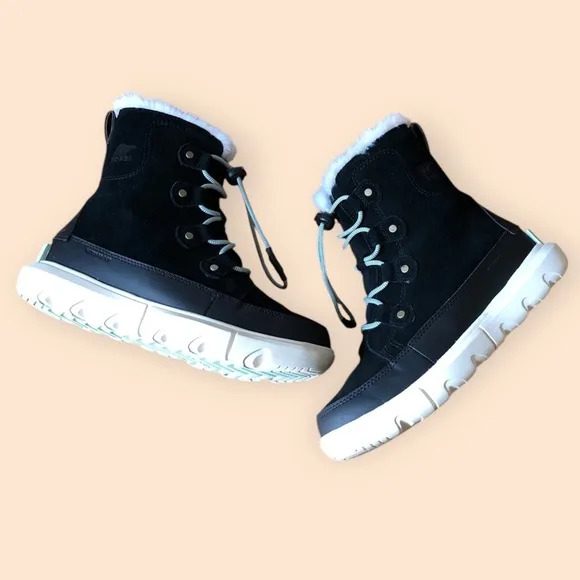 SOREL Youth Unisex Explorer Lace Up Waterproof Boots Black Fur Lined Size 5