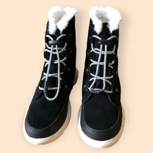SOREL Youth Unisex Explorer Lace Up Waterproof Boots Black Fur Lined Size 5