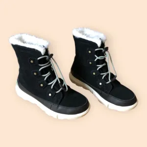 SOREL Youth Unisex Explorer Lace Up Waterproof Boots Black Fur Lined Size 5