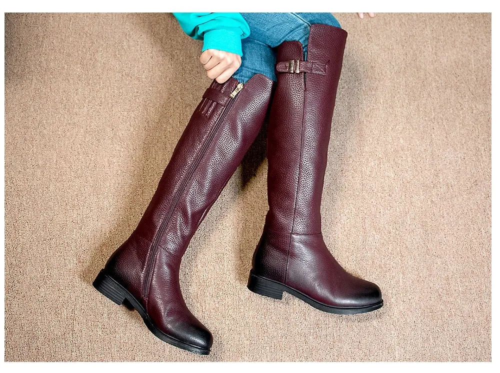 Special Design Boots Knee-High Warm Round Toe Genuine Leather Comfortable Square Heel Shoes Wool Women's Boots PC398