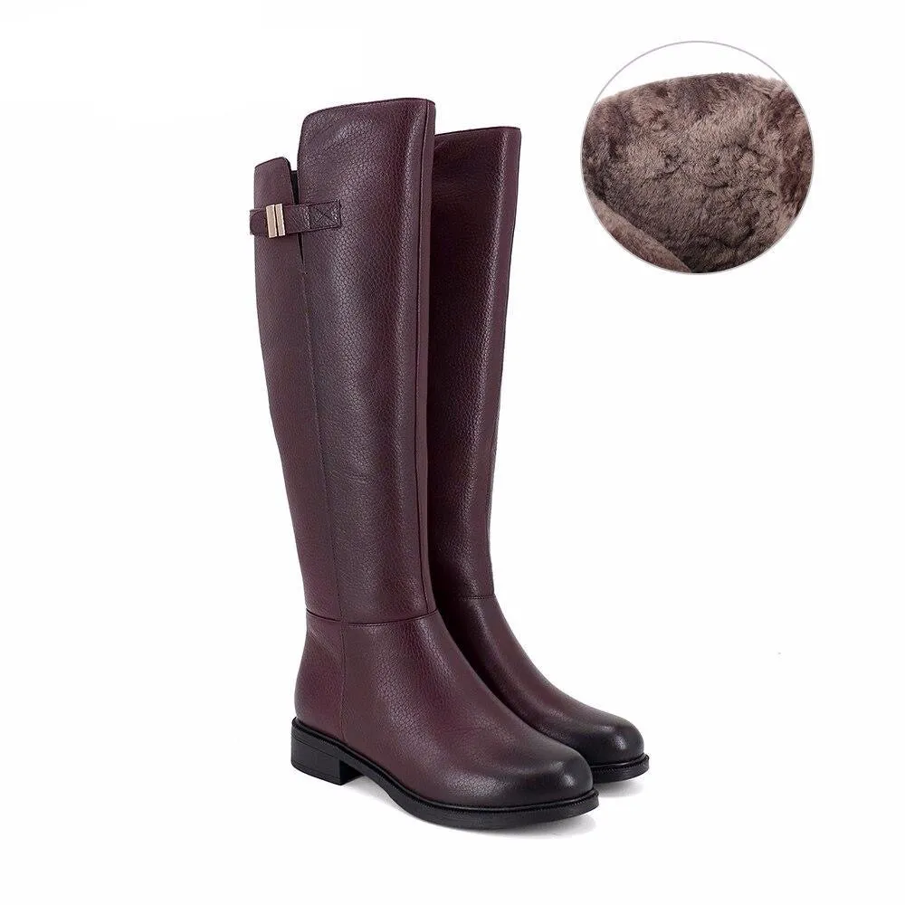 Special Design Boots Knee-High Warm Round Toe Genuine Leather Comfortable Square Heel Shoes Wool Women's Boots PC398