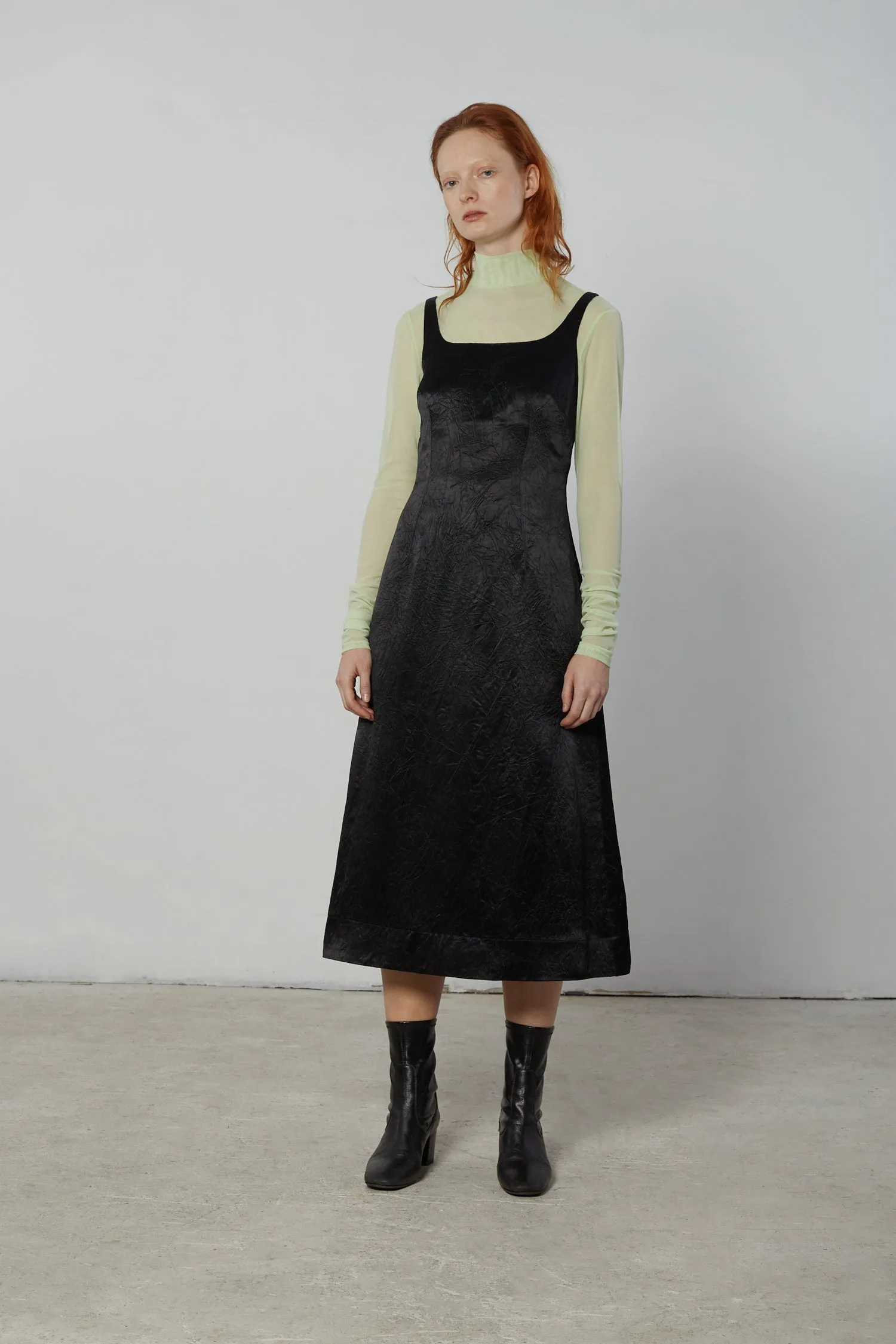 Square Neck Dress in Crinkle Satin