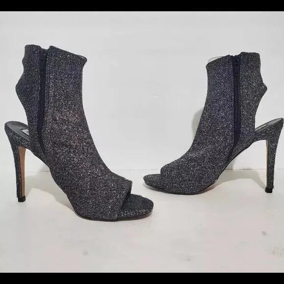 👠😎🩶Steve Madden Rakel black silver sparkle spike heel open toe bootie Sz 6