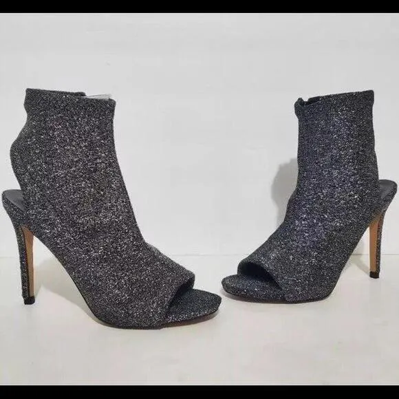 👠😎🩶Steve Madden Rakel black silver sparkle spike heel open toe bootie Sz 6