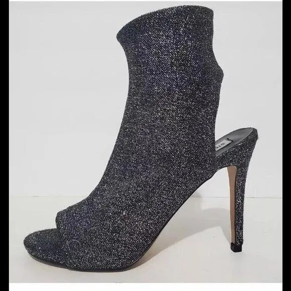 👠😎🩶Steve Madden Rakel black silver sparkle spike heel open toe bootie Sz 6