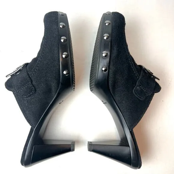 Stuart Weitzman Double Agent Black Suede Studded Mule Clogs Heels Sz 6.5