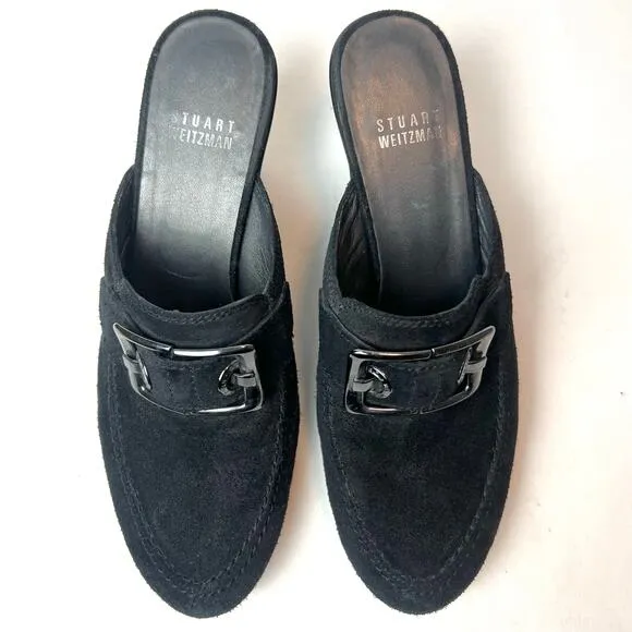 Stuart Weitzman Double Agent Black Suede Studded Mule Clogs Heels Sz 6.5