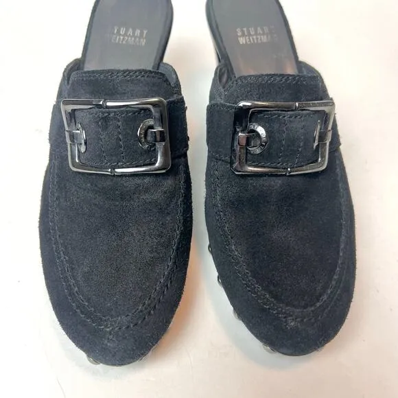 Stuart Weitzman Double Agent Black Suede Studded Mule Clogs Heels Sz 6.5