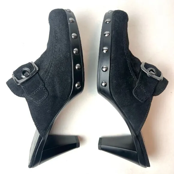 Stuart Weitzman Double Agent Black Suede Studded Mule Clogs Heels Sz 6.5