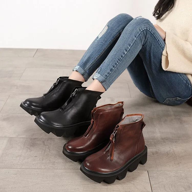 top quality leather women's boots  autumn and winter new thick-bottomed round head boots cowhide Martin boots