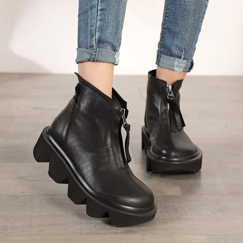 top quality leather women's boots  autumn and winter new thick-bottomed round head boots cowhide Martin boots