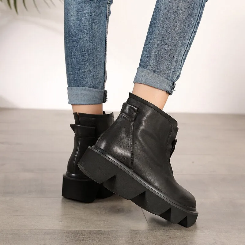 top quality leather women's boots  autumn and winter new thick-bottomed round head boots cowhide Martin boots
