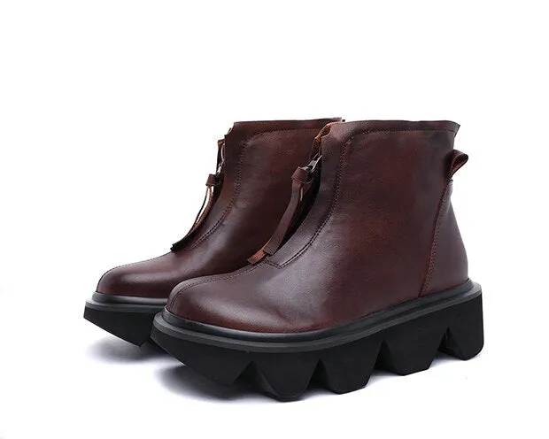 top quality leather women's boots  autumn and winter new thick-bottomed round head boots cowhide Martin boots