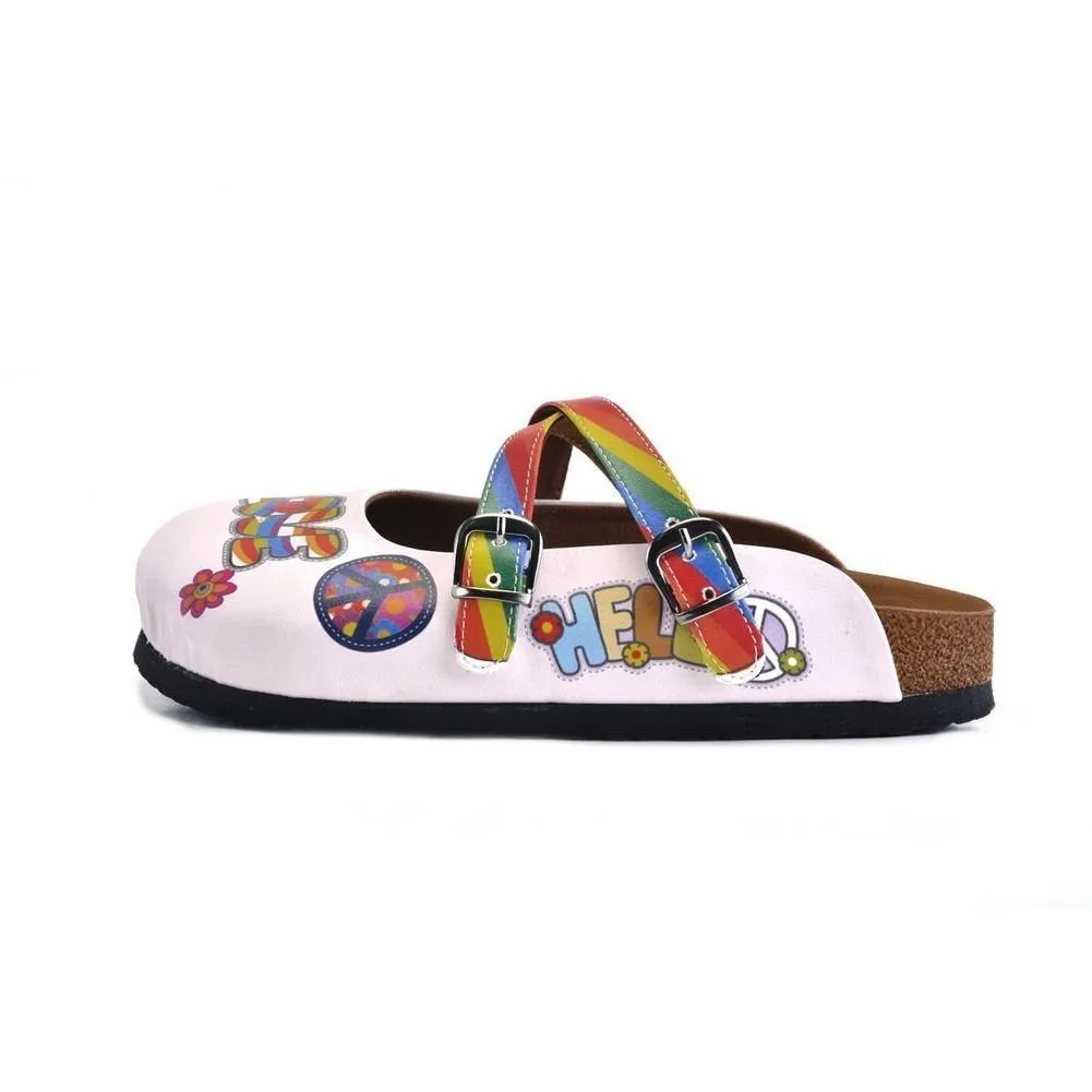 White and Rainbow, Colored Flowers and Peace Love Written Patterned Clogs - CAL162