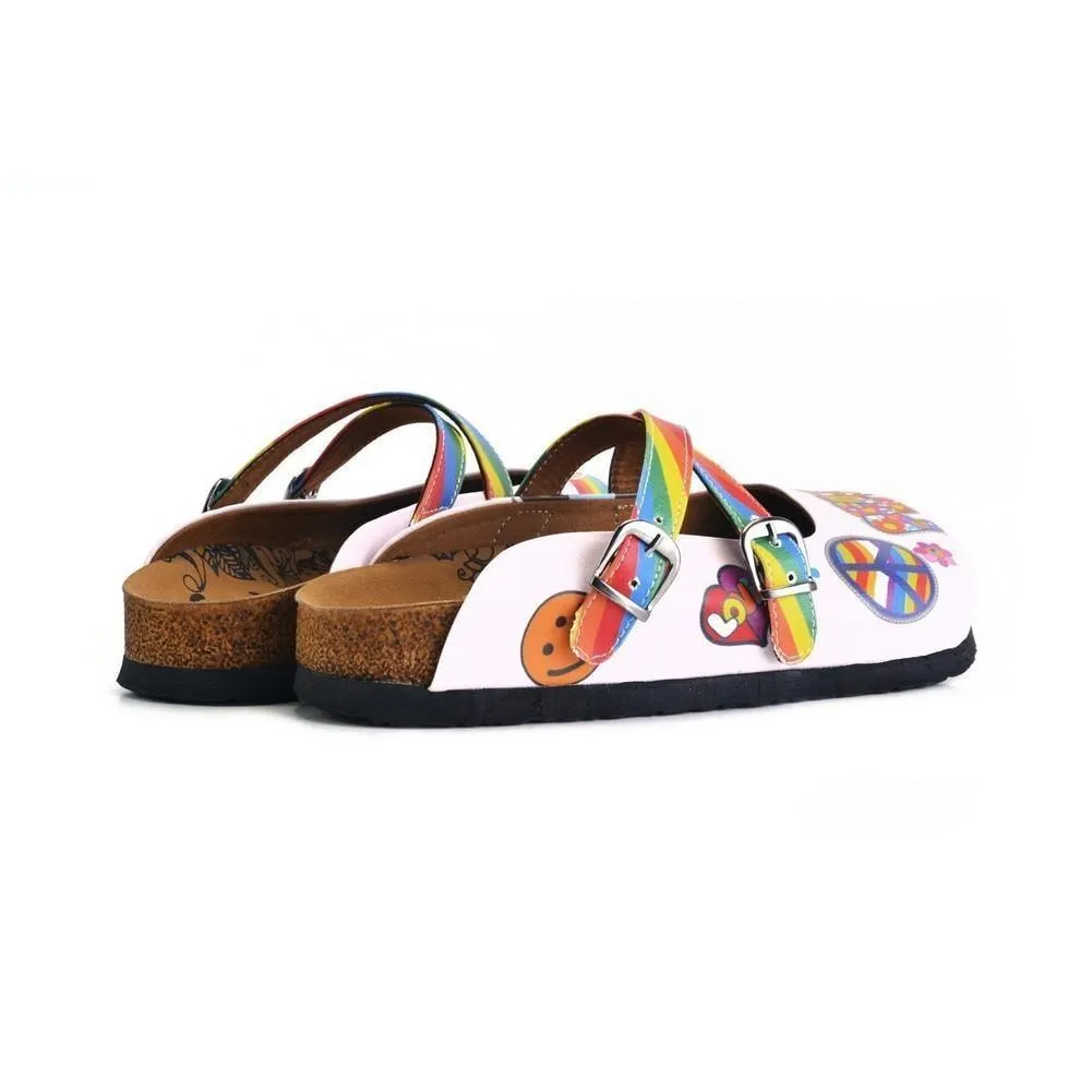 White and Rainbow, Colored Flowers and Peace Love Written Patterned Clogs - CAL162