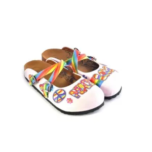White and Rainbow, Colored Flowers and Peace Love Written Patterned Clogs - CAL162
