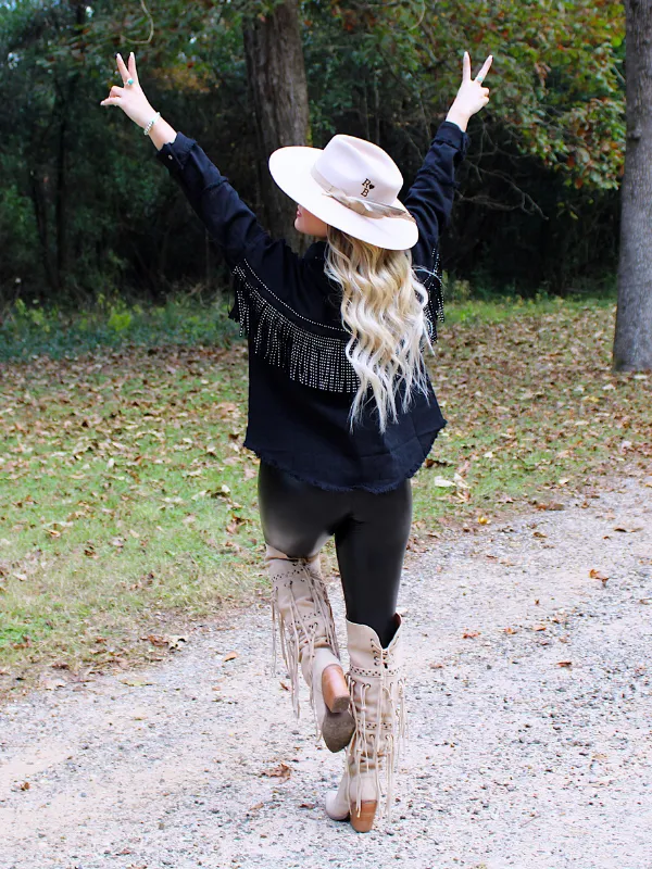 Wild Card Studded Fringe Denim Jacket, Black