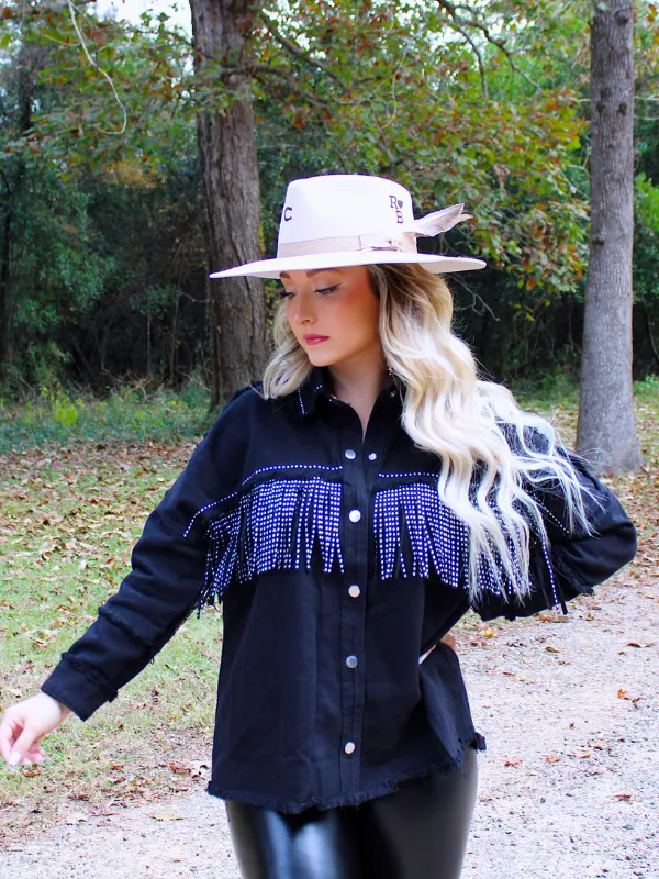 Wild Card Studded Fringe Denim Jacket, Black