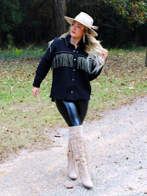 Wild Card Studded Fringe Denim Jacket, Black