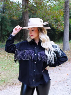 Wild Card Studded Fringe Denim Jacket, Black