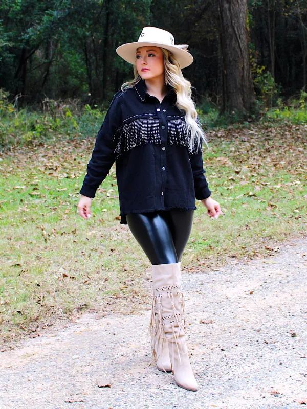 Wild Card Studded Fringe Denim Jacket, Black