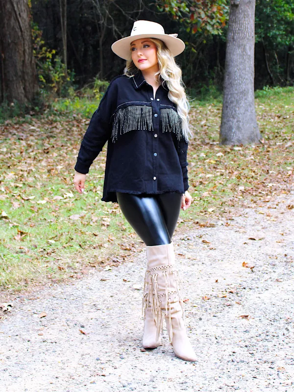 Wild Card Studded Fringe Denim Jacket, Black
