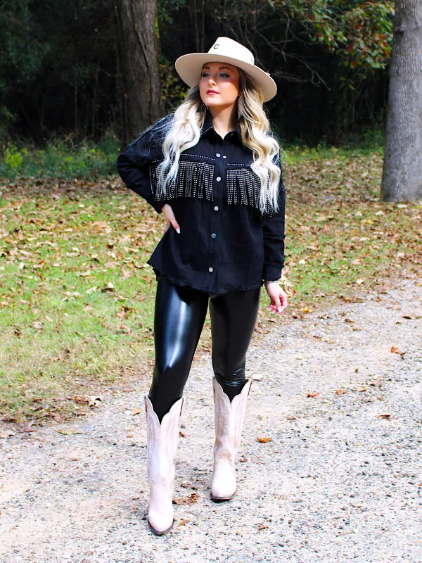 Wild Card Studded Fringe Denim Jacket, Black