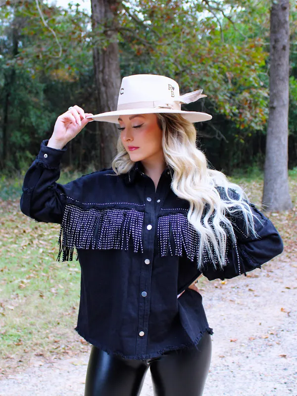 Wild Card Studded Fringe Denim Jacket, Black