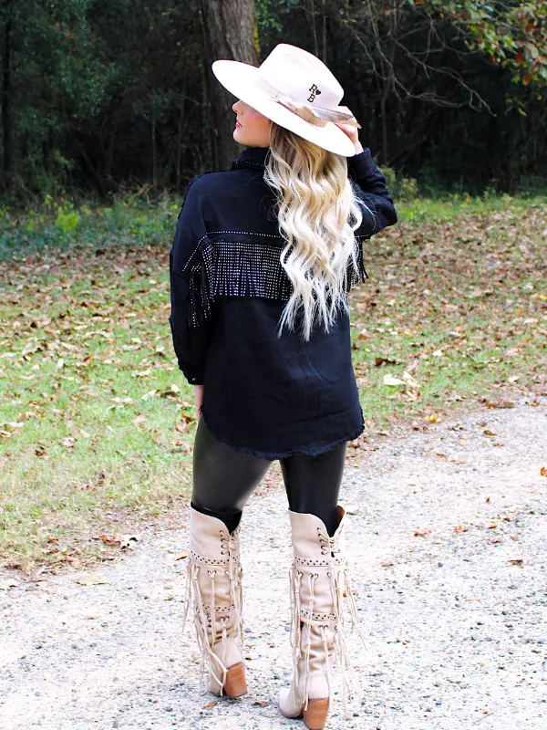 Wild Card Studded Fringe Denim Jacket, Black