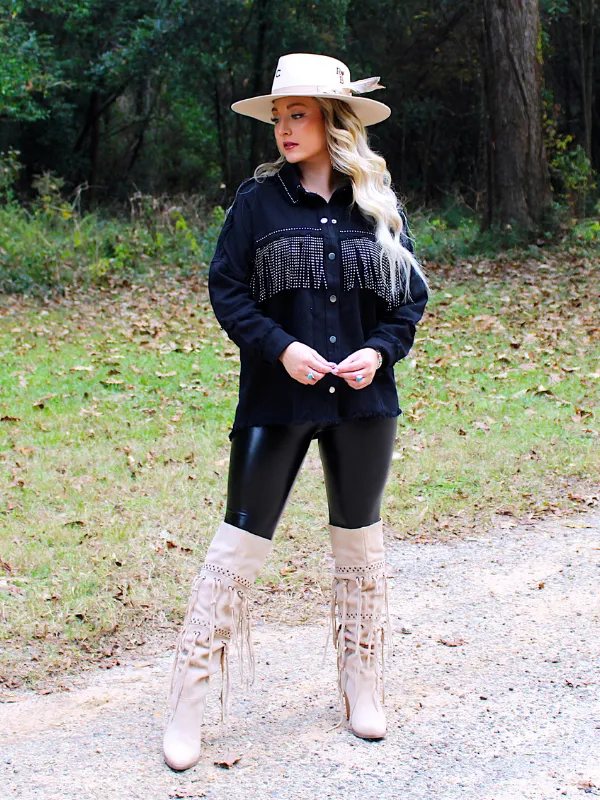 Wild Card Studded Fringe Denim Jacket, Black