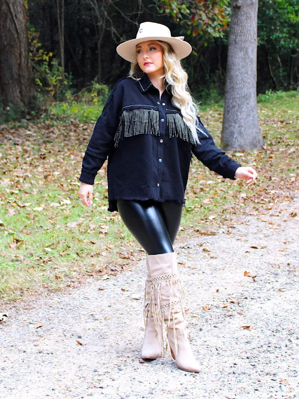 Wild Card Studded Fringe Denim Jacket, Black