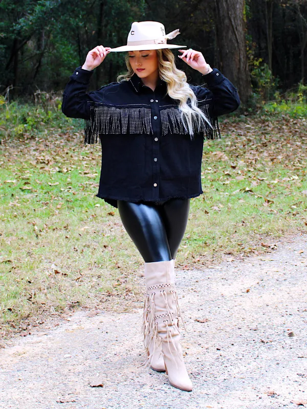 Wild Card Studded Fringe Denim Jacket, Black