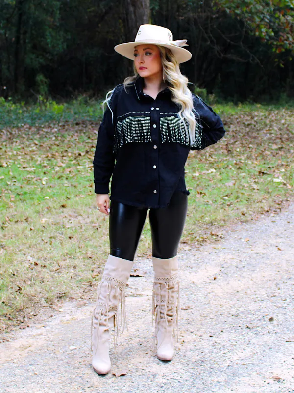 Wild Card Studded Fringe Denim Jacket, Black