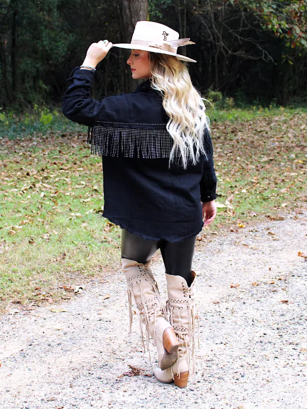 Wild Card Studded Fringe Denim Jacket, Black