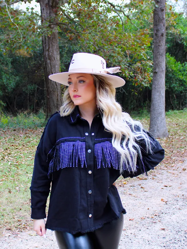 Wild Card Studded Fringe Denim Jacket, Black