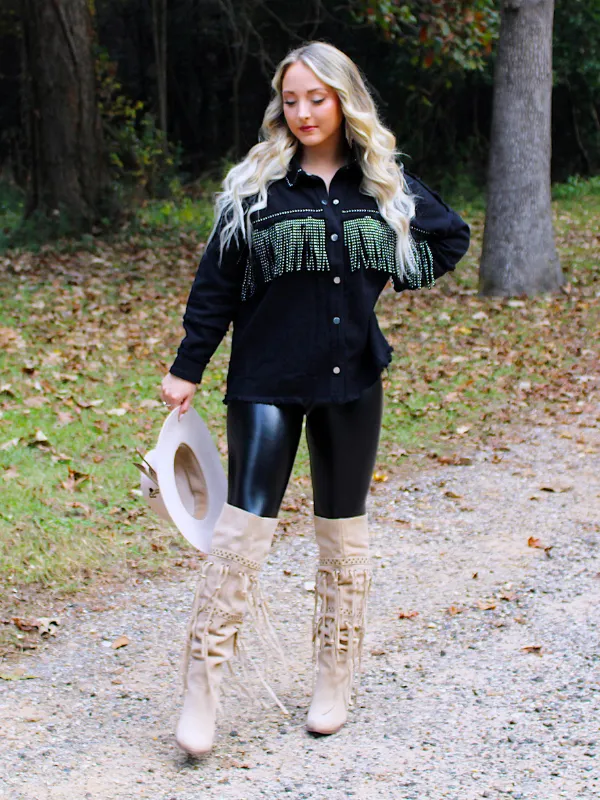 Wild Card Studded Fringe Denim Jacket, Black