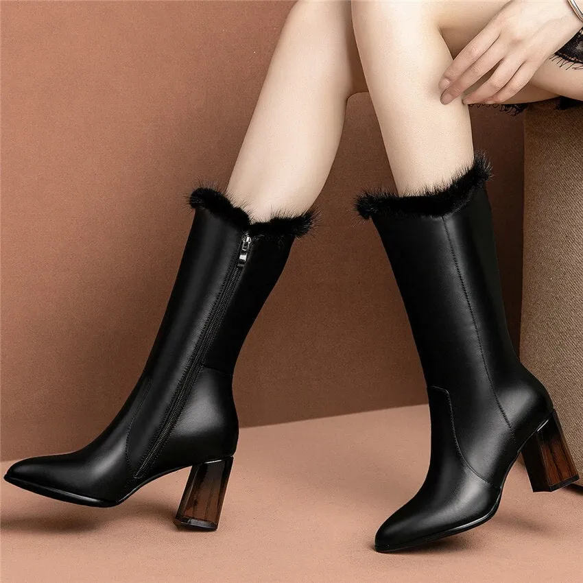 Women Black Cow Leather Pointed Toe Mid Calf Snow Boots