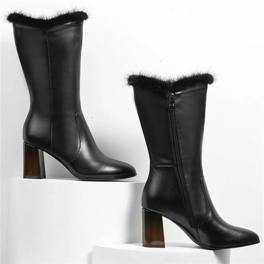 Women Black Cow Leather Pointed Toe Mid Calf Snow Boots