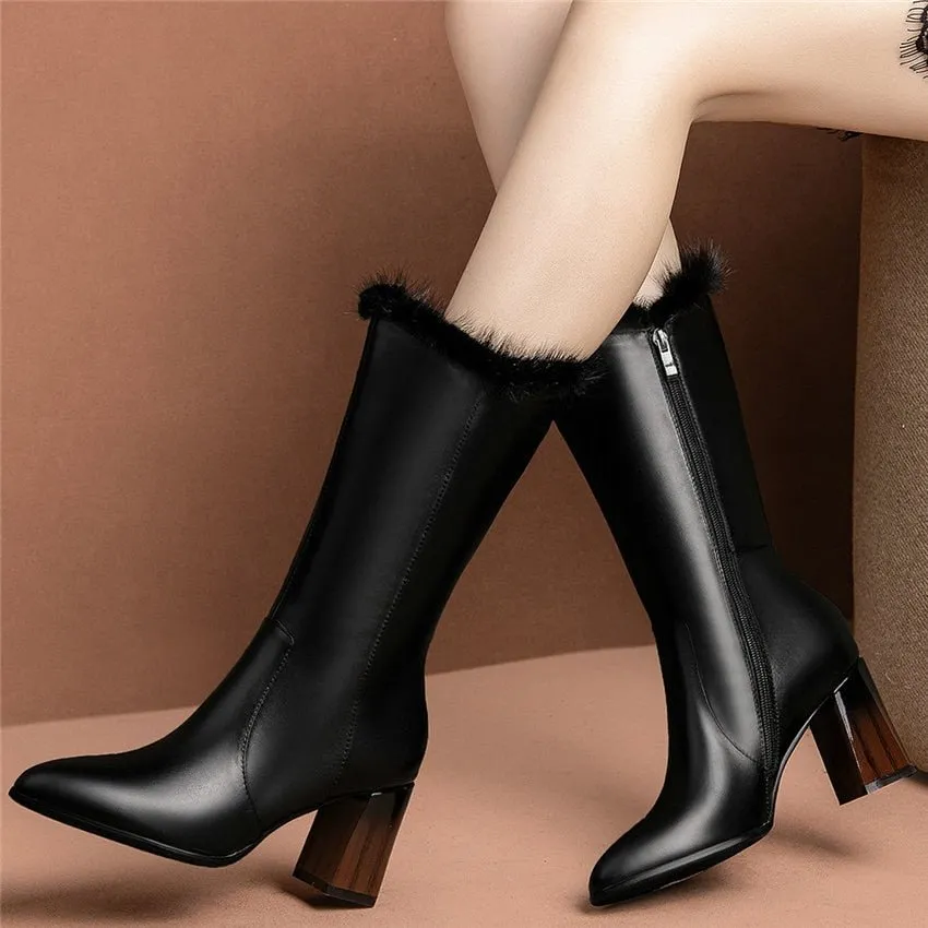 Women Black Cow Leather Pointed Toe Mid Calf Snow Boots
