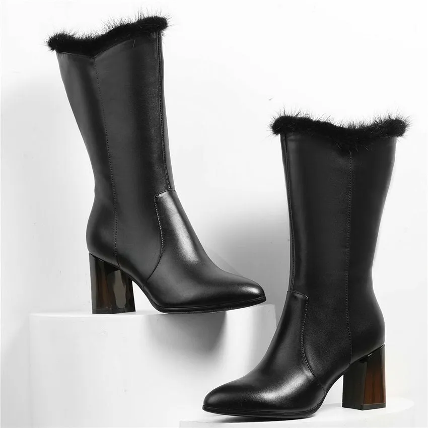 Women Black Cow Leather Pointed Toe Mid Calf Snow Boots