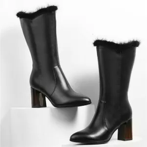 Women Black Cow Leather Pointed Toe Mid Calf Snow Boots