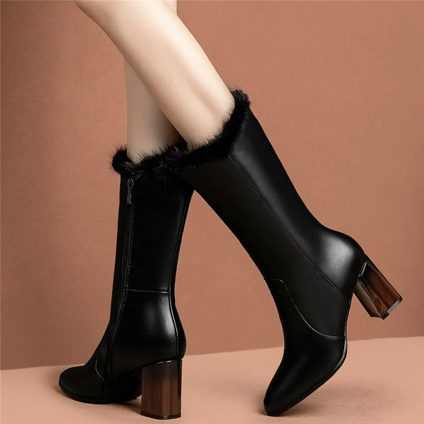 Women Black Cow Leather Pointed Toe Mid Calf Snow Boots